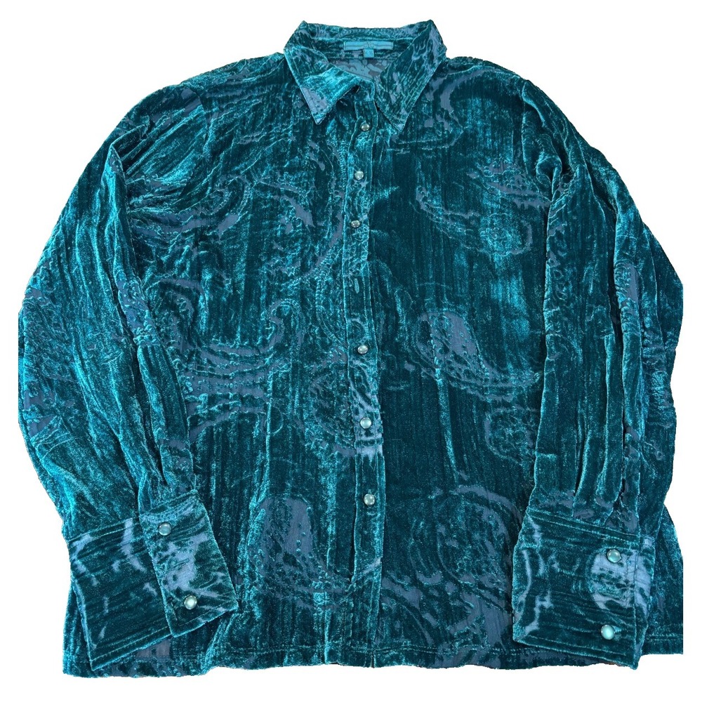 CYC green velvet burnout paisley button up long sleeve blouse womens' sz XL sexy - Picture 8 of 13